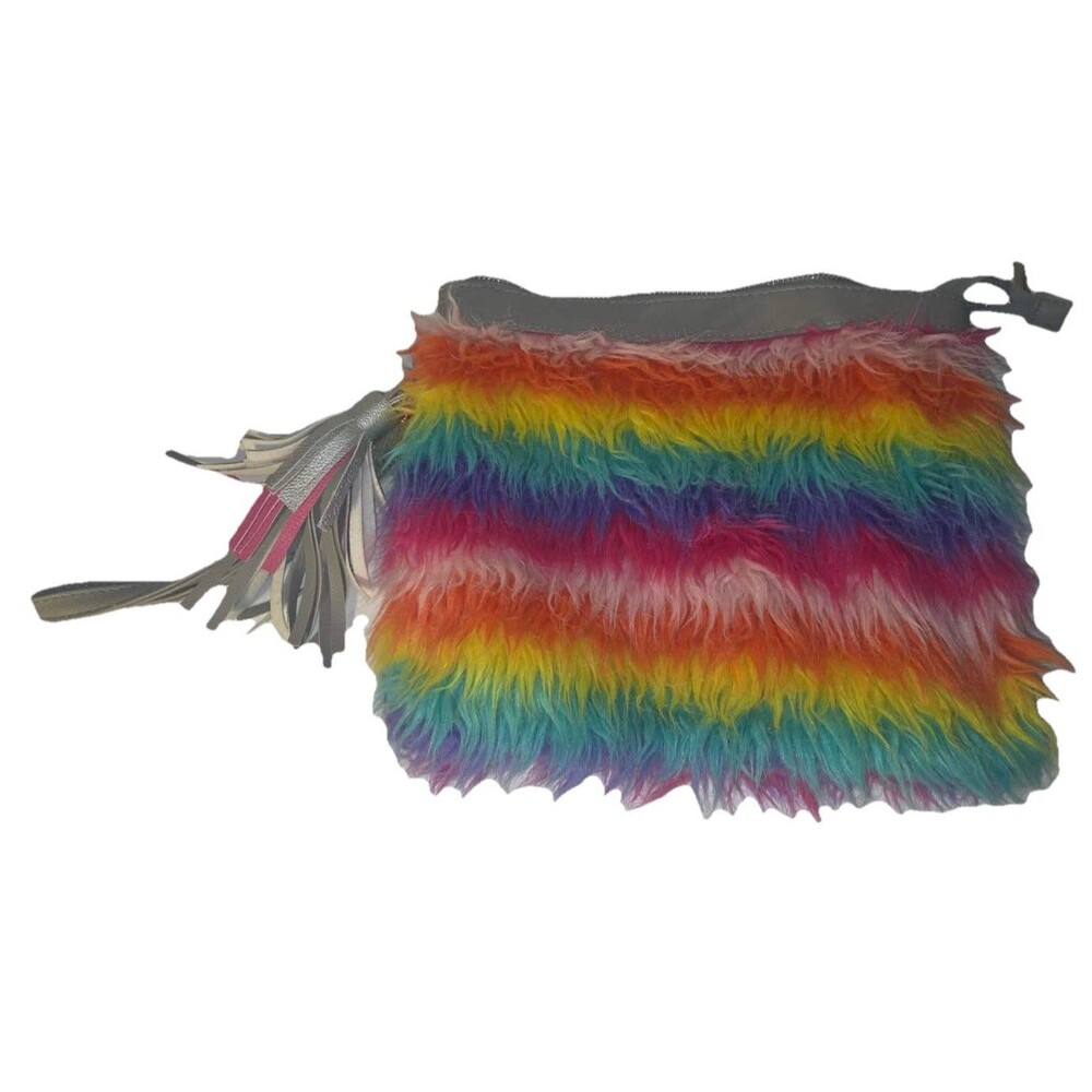 No Boundaries Girls Large Rainbow Fur Wristlet Wallet Purse Carry All